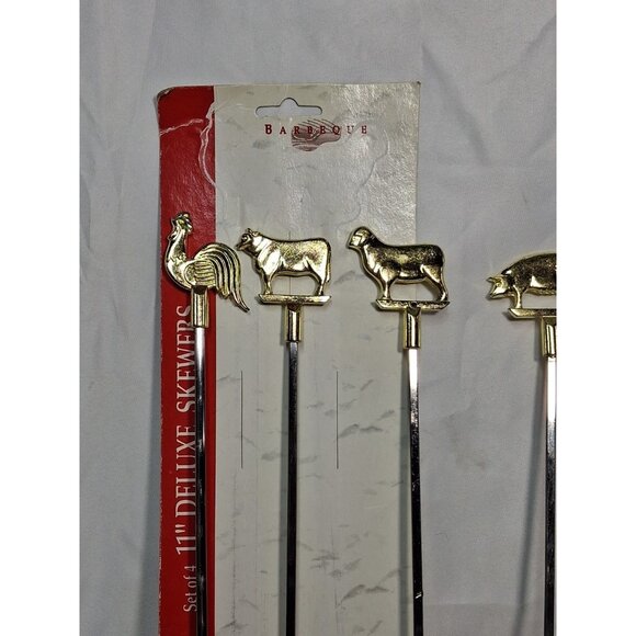 4 VTG MCM Brass Colored Stainless Steel Skewers 11in Pig Chicken Cow Sheep - Picture 2 of 6